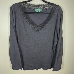 Lauren Ralph Lauren Shirt Womens 2X Black Ribbed 100% Cotton Lace V Neck Top